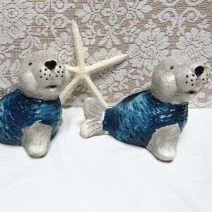 SEAL PUP Ceramic Coastal Decor SET of 2 Figurines Blue and White Smiling Cute